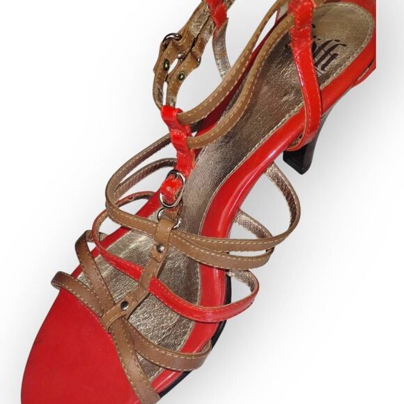 Sofft Womens Heels Sz 11 Red Tan Strappy Buckles‎ 3" High Patent Leather Comfort - Picture 3 of 13